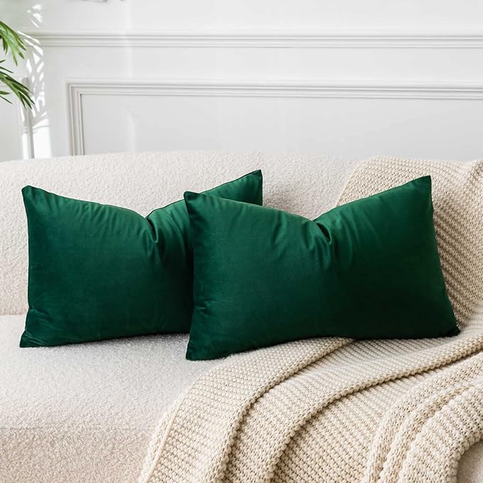 JUSPURBET Decorative Pillow Covers Set of 2 Velvet Throw Pillow Covers for Couch Sofa Bed Soft Lumbar Cushion Covers with Hidden Zipper for Living Room Home Decor,Dark Green,12x20 inch