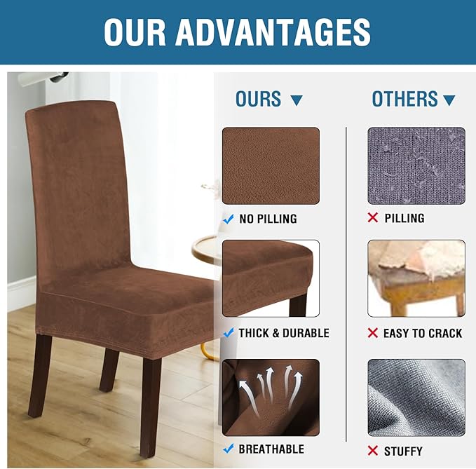 H.VERSAILTEX Velvet Dining Chair Covers Stretch Chair Covers for Dining Room Set of 4 Parson Chair Slipcovers Chair Protectors Covers Dining, Soft Thick Solid Velvet Fabric Washable, Caramel