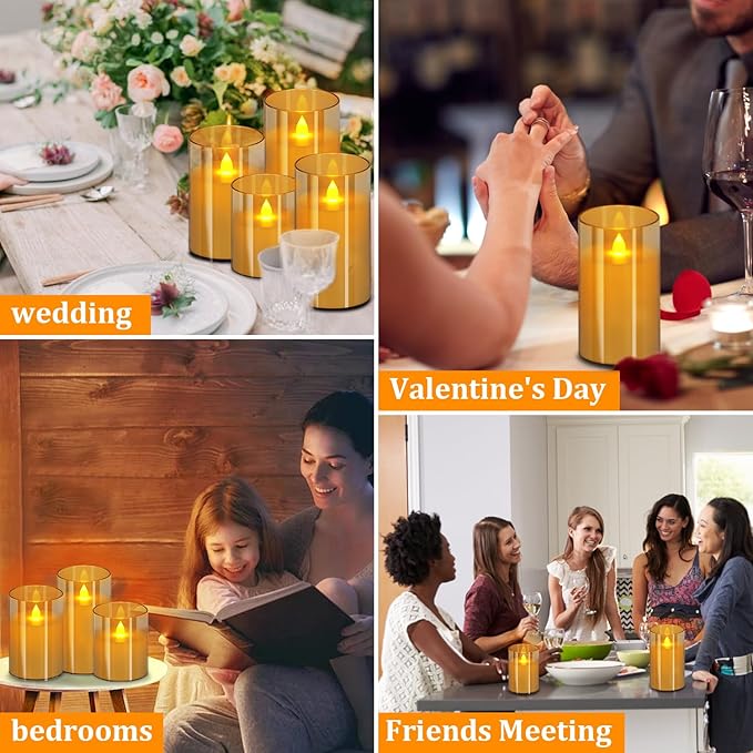 Flameless Candles 4" 5" 6" Set of 3 Acrylic Glass Pillars 3" Diameter Battery Operated Flickering Candles Include 10-Key Remote with Timer Function 400+ Hours (Amber, Warm Light 9 Pack)