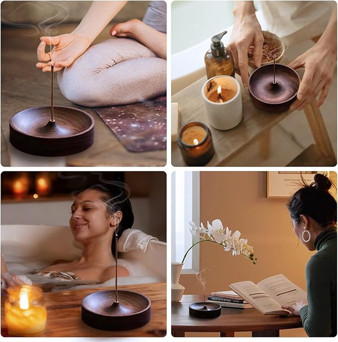 Incense Holder,Black Walnut Hand - Crafted Round Burner for Sticks with Ash Catcher,Perfect for Relaxation at Home, Yoga,Spa & as a Gift