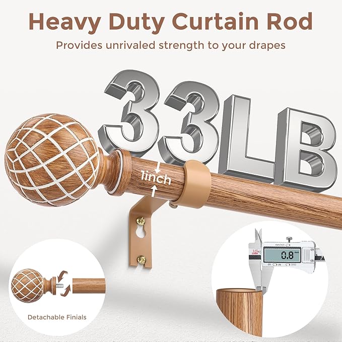 2 Pack Wood Curtain Rods for Windows 48 to 84 Inch, 1 Inch Adjustable Heavy Duty Wooden Curtain Rod with Unique Faux Wood cobweb Finials, Boho Vintage Decorative Drapery Rod for Farmhouse
