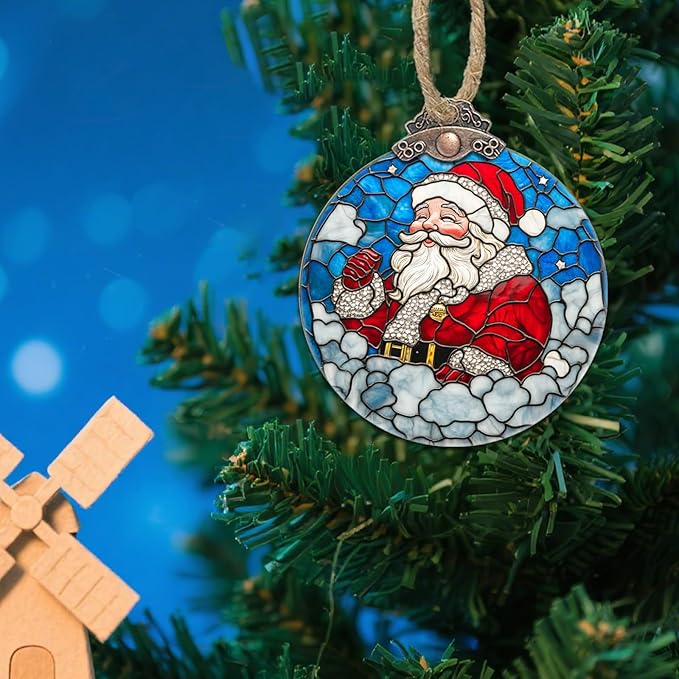 Stained Glass Christmas Decorations, Santa Claus in The Clouds Suncatcher for Window Christmas Tree Hanging Ornaments White Sun Catcher Xmas Decor Gifts for Women Men Mom Nana Friend