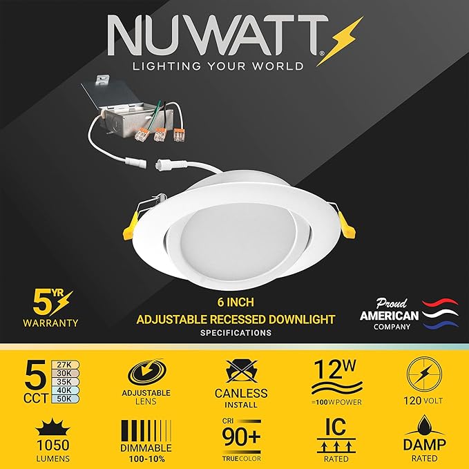 NUWATT 12 Pack 6 inch Gimbal LED Recessed Light Canless Wafer Lights, 5CCT 2700K/3000K/3500K/4000K/5000K, Dimmable 1050LM 12W, Adjustable LED Eyeball Light Angled Recessed Lighting, Metal Junction Box