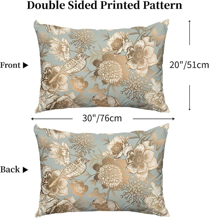Chinoiserie Pillow Protectors with Zipper Standard Size Vintage Floral Birds Print Pillow Covers Set of 2 Rustic Nature Gold Flowers Pillow Cases Antique Mid Century Modern Bed Pillow Covers 20"X30"