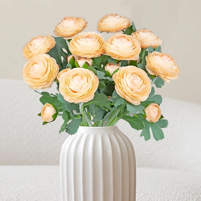 Artificial Ranunculus Flowers with Real Touch Stem,Silk Ranunculus Flowers (Champagne, 10pcs)
