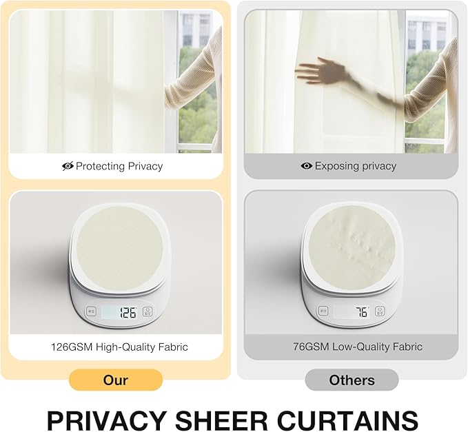 Anmao Non-See-Through Cream Privacy Semi Sheer Curtains for Living Room 63 Inch Length 2 Panels Set, Light Filtering That Let Light in Rod Pocket Window Drapes for Bedroom, 52W x 63L, Beige Yellow