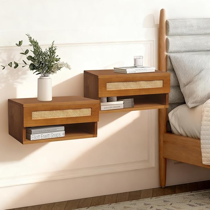 Floating Nightstand, Wall Mounted Rattan Bedside Bedroom Nightstand, with Storage Drawer and Modern Open Shelf Cubby, Minimalist and Unique Style 16”x 10”x 8” Brown