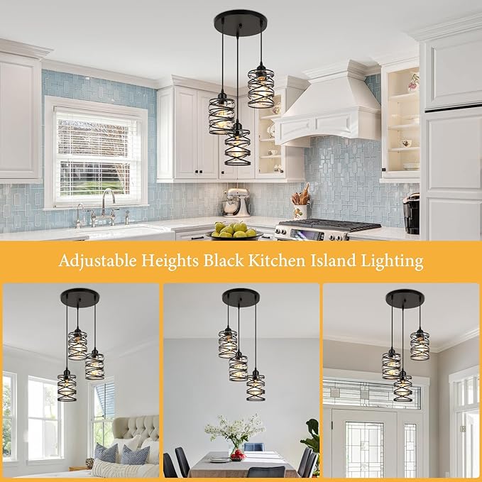 Pendant Lights Kitchen Island Black Pendant Light Fixtures 3-Light Spiral Iron Kitchen Island Lighting Adjustable Hanging Cluster Pendant Lighting for Dining Room with Clear Glass Shade
