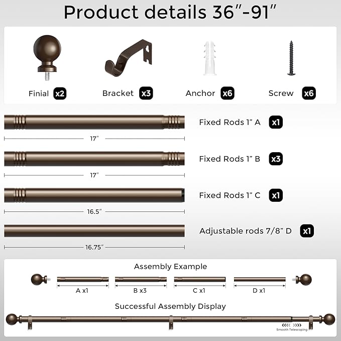 Bronze Curtain Rod, 1 Inch Adjustable Heavy Duty Curtain Rods for Windows 48 to 84 Inch, Decorative Modern Window Treatment Rods, Telescopic Splicing Metal Drapery Pole, Easy Installation
