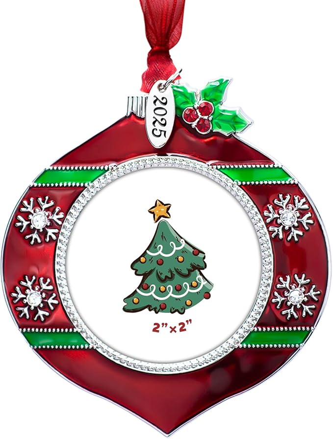 2025 Christmas Tree Ornament Picture Frame Metal Hanging Pendant Holiday 2" Photo Frame Charm Decorative of Pets, Baby First Christmas, Family (2025 Style 5)