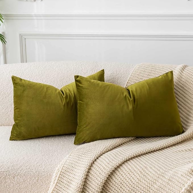 JUSPURBET Velvet Pillow Covers Set of 2 Decorative Throw Pillow Covers for Couch Sofa Bed Soft Lumbar Cushion Covers with Hidden Zipper for Living Room Home Decor,Olive Green,14x24 inch