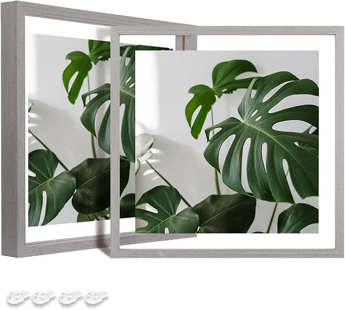Egofine 8x8 Floating Frames Set of 2, Double Plexiglass Picture Frame, Made of Solid Wood Display Any Size Photo up to 8x8, Wall Mount or Tabletop Standing, Light Grey