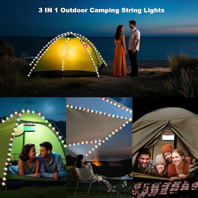 Camping String Lights, Retractable String Lights Camping with 19 Lighting Modes, 32.8 FT Outdoor Rechargeable String Lights, Portable Camping Tent Lights String for Party, Camping, Christmas(Orange)