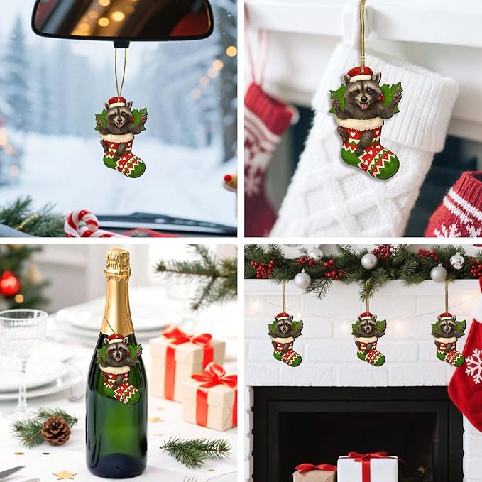 2 Side Printed Flat Christmas Wooden Ornaments, Animal Keepsake Hanging Tree Decoration, Sock Raccoon Ornament