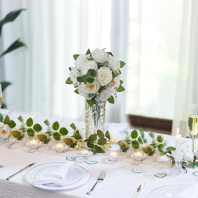 BLOSMON Artificial Flowers Ball Wedding Centerpieces 2 Pcs White Rose Artificial Flower Center Pieces Decoration for Table Silk Kissing Ball Faux Floral Bouquet Arrangements for Home Party DIY Decor