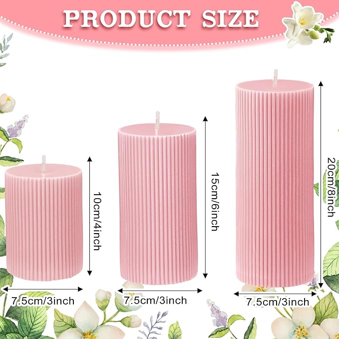 Ribbed Pillar Candles Set of 3, Width 3" High 4" 6" 8" Large Soy Wax Orchids Scented Pillar Candles Aesthetic Ribbed Modern Home Decor for Bathroom Living Room(Pink)