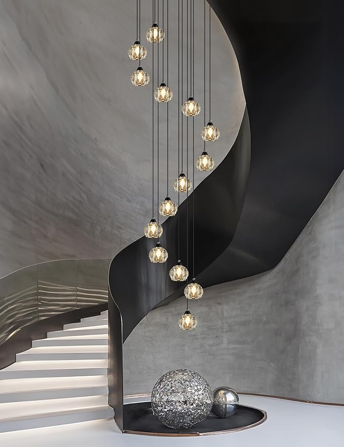 Crystal Chandeliers for Staircases, 14-Light Black Modern Chandeliers for High Ceilings，Crystal Pendant Light Fixture for Living Room Kitchen Island Foyer Hallway Bar