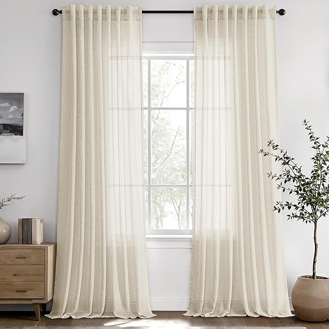 Ivory White Linen Curtains 80 inches Long 2 Panels for Living Room Semi Sheer Light Filtering Window Drapes with Back Tab Burlap Textured Modern Farmhouse Coastal Curtains for Dining Room Office