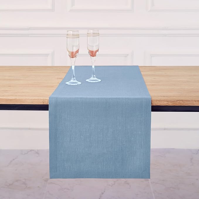 Solino Home Linen Table Runner 48 Inches - 100% Pure Linen Dusty Chambray Blue Table Runner 14 x 48 Inch Ideal for Dresser and Coffee Tables - Diana Medium Weight, Winter, Spring, Easter