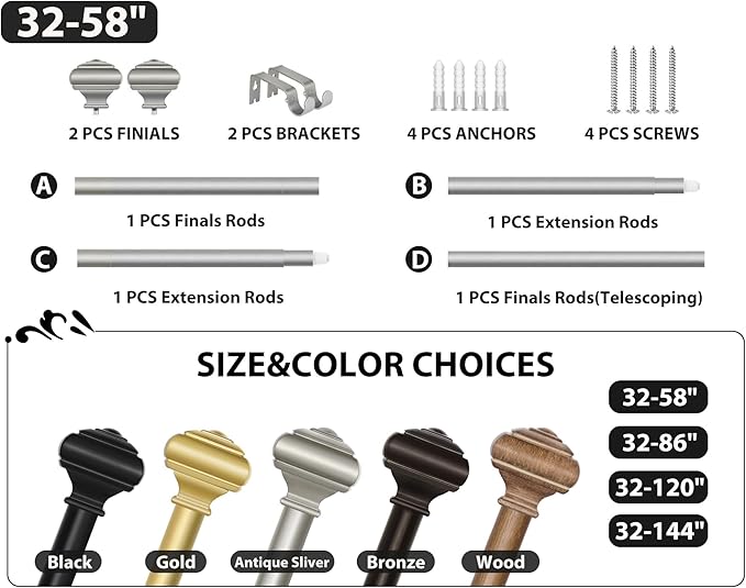 Antique Silver Curtain Rod 32 to 58 Inch(2.6 to 4.8 ft) with Brackets, USFOOK 7/8 Inch Splicing Single Curtain Rods for Windows 20 to 54 In, Adjustable Decorative Curtain Pole with Square Finials