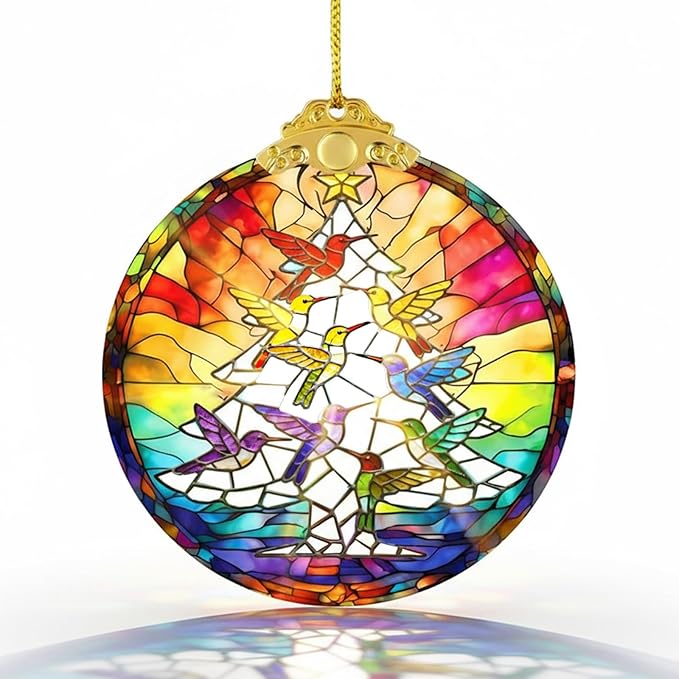 Hummingbird Stained Glass Christmas Ornaments 2025,Hanging Ornaments for Christmas Tree,2.8 * 2.8 * 0.2inch Tree Decor