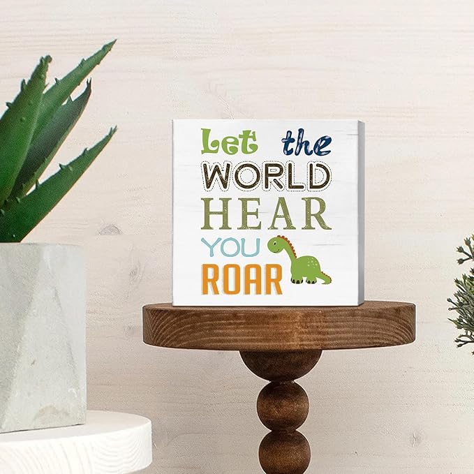 JXREQ Kids Room Decor, Funny Dinosaur Inspirational Quote Wood Box Sign, Rustic Dinosaur Desk Decor for Boys Girls Kids Bedroom Nursery Playroom Decor, 5x5 Inch