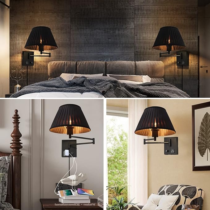Plug in Wall Sconce 17" Swing Arm Wall Lamp with Plug in Cord and Dimmable Switch Black Sconces Lighting with USB Port and AC Outlet Wall Mounted Lamp Suitable for Bedroom Living Room Hallway.