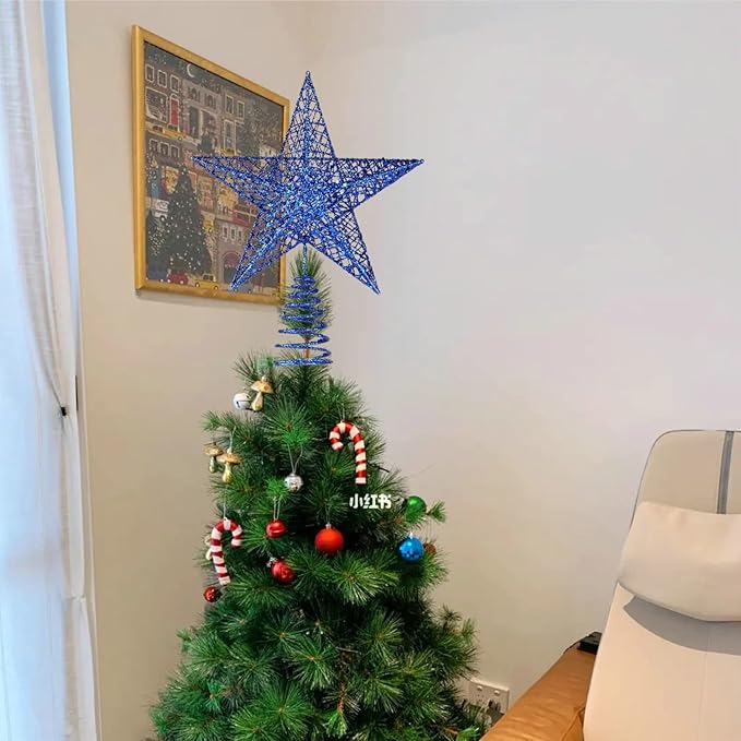 BinaryABC Christmas Tree Topper Star,Glittering Christmas Tree Decoration Ornaments,20cm (Dark Blue)
