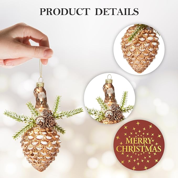 WDS WONDROUS Squirrel Pinecone Christmas Ornaments for Tree Decorations Whimsical Glass Animal Hanging Ornament, Festive Holiday Decor for Xmas Tree Home Party(2.76”)