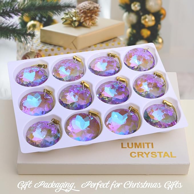 12 Pcs Crystal Glass Christmas Balls Ornaments, 1.18″ Mini Round Prism Flower Xmas Tree Decorations, Hanging Ornament for Wedding Party Home Decor (Purple)