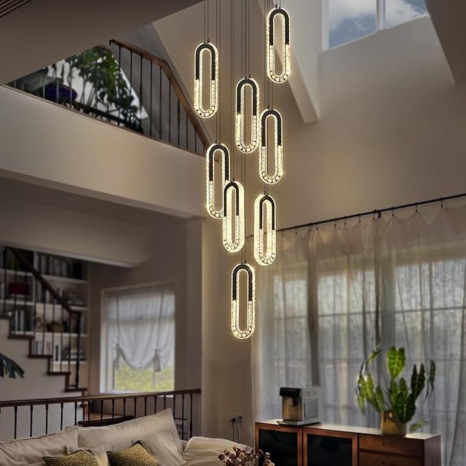 8 Rings Crystal Chandelier,H 118" Modern Black Pendant Light Luxury Foyer Lighting Fixture High Ceiling Chandelier for Entryway,Staircase,Living Room,Villa LED Dimmable 2700K-6000K