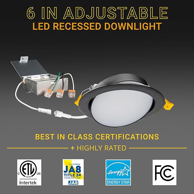 NUWATT 12 Pack, 6 inch Black Gimbal LED Recessed Lighting Canless Wafer Lights, 5CCT 2700K/3000K/3500K/4000K/5000K Selectable, Dimmable 1050LM, 12W, Directional Recessed Light for Sloped Ceilings, ETL