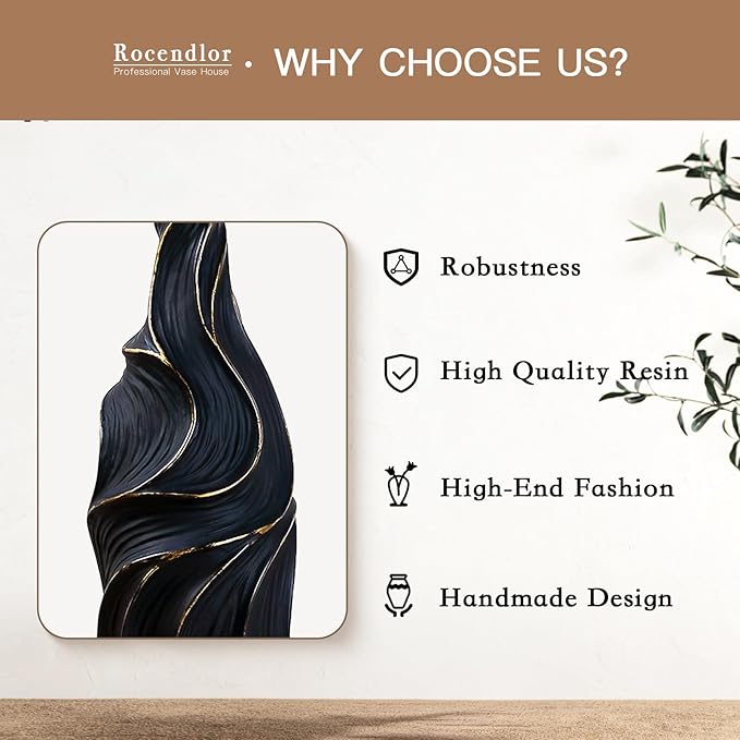 Floor Vase Handmade Resin - 22.83" Tall Brown Vases with Gold Wave Patterns, 6.29" Wide Decorative Tall Floor Vase for Home Decor, Farmhouse & Modern Interior Design