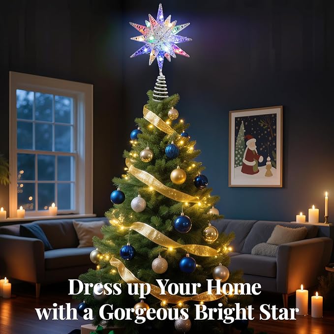 Lewondr Christmas Tree Topper, Plug in 3D Starburst Xmas Lighted Star Tree Topper, Remote Control & Timer Light Up Vintage Moravian Tree Topper for Christmas Decoraiton, Colorful Light, Silver White