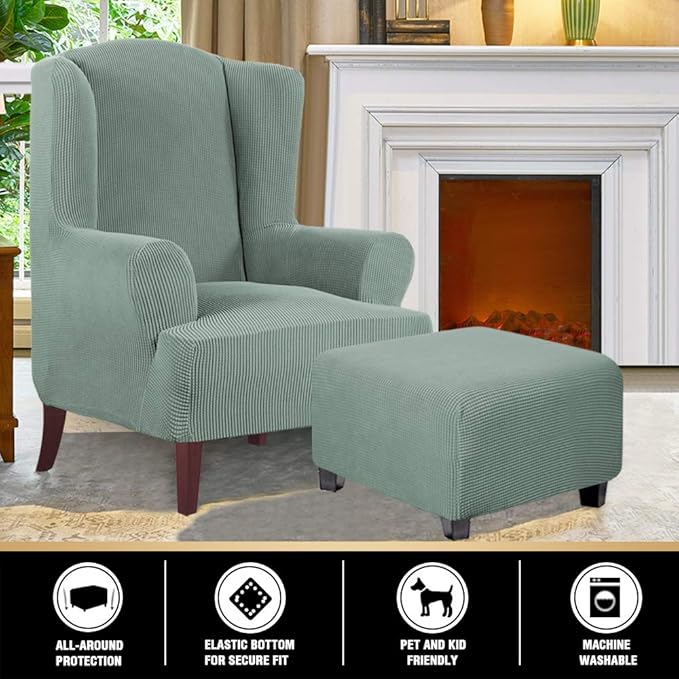 PrinceDeco Stretch Ottoman Cover Ottoman Slipcovers Square for Living Room Foot Stool Stretch Covers to Fit Ottoman Foot Rest, Thick Checked Jacquard Fabric with Elastic Bottom (Medium Size, Sage)