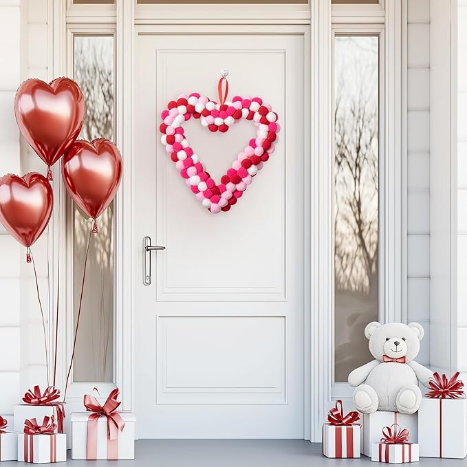 Valentine's Day Heart Felt Pom Pom Wreath, 13" Wool Felt Ball Heart-Shaped Valentines Door Wreath, Pink Felt Heart Wreaths for Valentine Decor, Pompom Valentine Wreaths for Wedding Holiday Anniversary