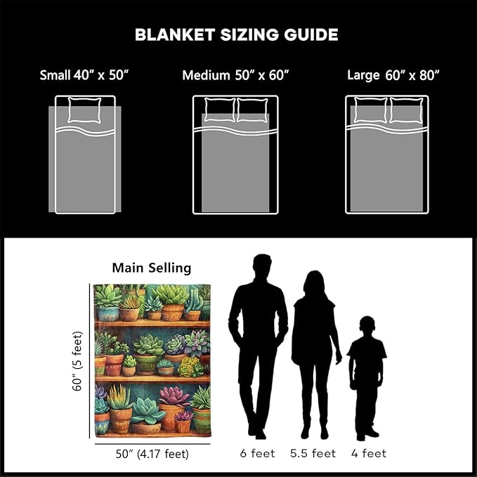 Colorful Succulent Blanket, Cozy Plant Throw Blanket for Couch Bedroom Outdoor, Lightweight Soft Flannel Travel Blankets, Gifts for Women Adults Kids, Home Cabin Garden Decor 50"×60"