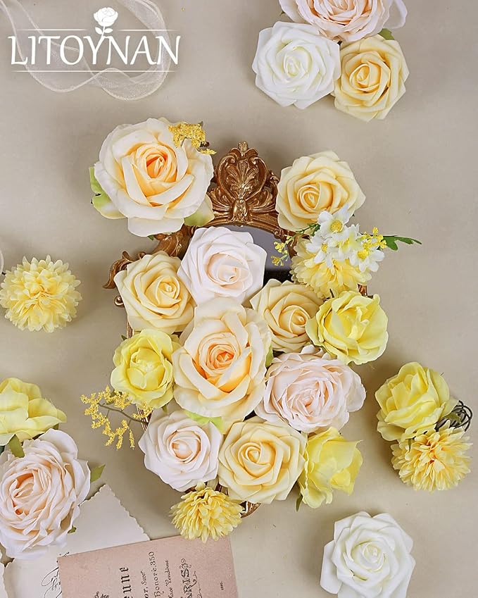 Artificial Flower Combo Flowers Exquisite Yellow Flower Box Set for DIY Bouquets Centerpieces Floral Arrangements, Multi Use Wedding Party Home Decorations Faux Flowers（Yellow & Peach ）