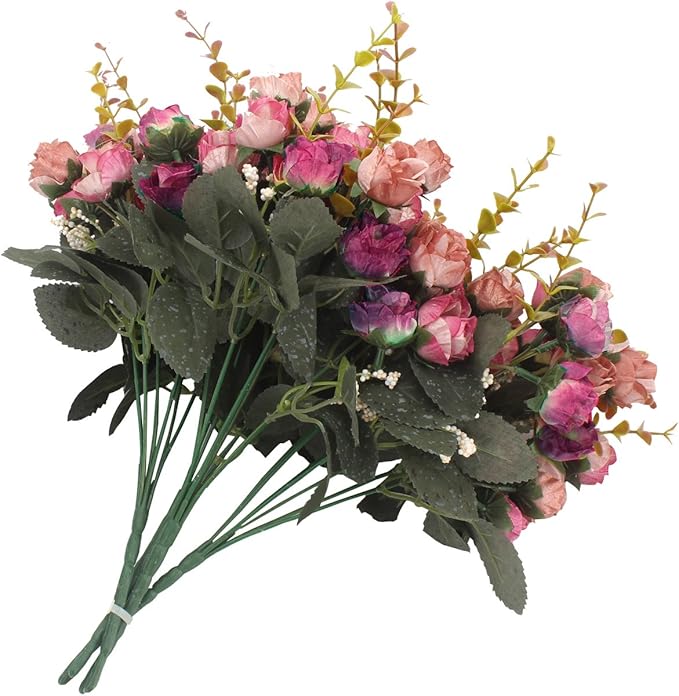 Duovlo 7 Branch 21 Mini Rose Heads Artificial Flowers Bouquet Wedding Home Office Decor,Pack of 4 (Rose Red)