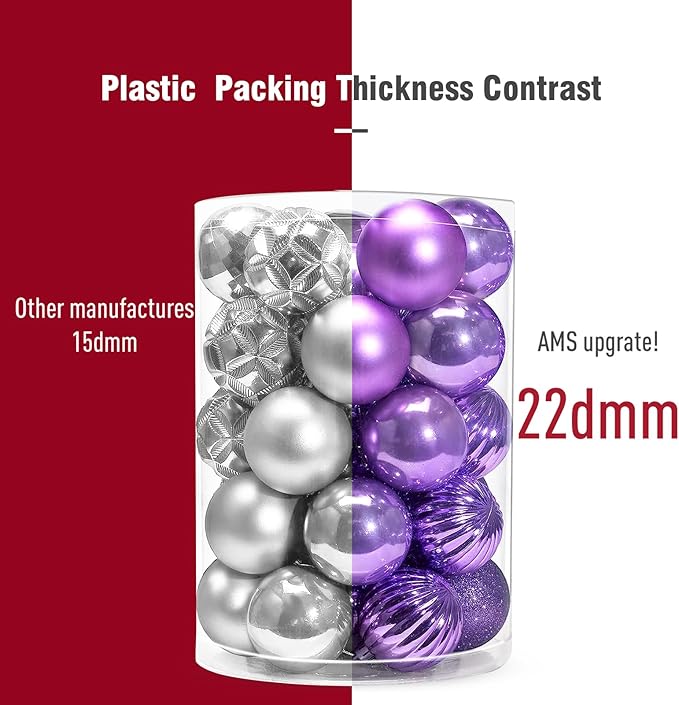 AMS 2.36''/60mm 34ct Christmas Ball Large Ornaments Party Decorations Shatterproof Festival Pendant Hangings for Xmas Tree Decor (60mm, Light Purple)
