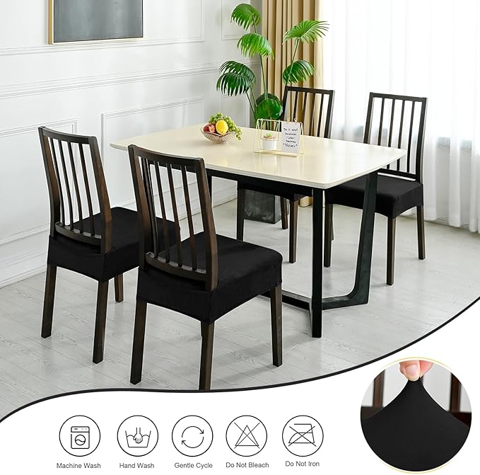 Dining Chair Seat Covers, Stretch Velvet Chair Seat Slipcovers Protector, Removable Washable Kitchen Chair Covers for Dining Room Chairs (Set of 2, Black)
