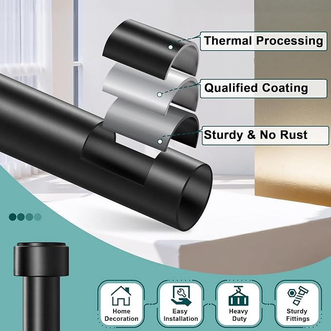 Black Curtain Rods 66-120 Inch, 1" Heavy Duty Extra Long Adjustable Wall Mount Drapery Rod, Telescoping Sectional Design for Large Windows, Outdoor Patio, Easy Install, Modern End Cap Finials
