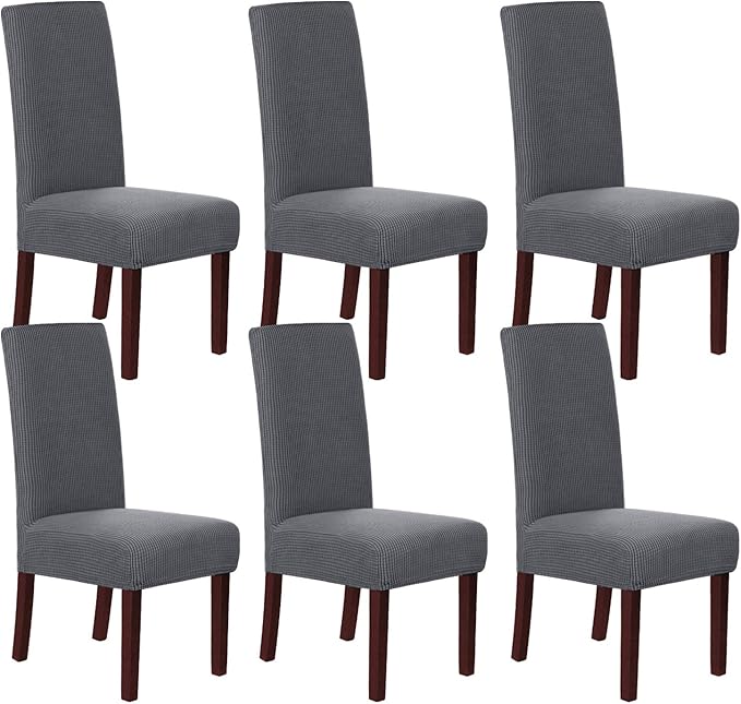 H.VERSAILTEX Stretch Dining Chair Covers Set of 6 Chair Covers for Dining Room Parsons Chair Slipcover Chair Protectors Covers Dining, Feature Textured Checked Jacquard Fabric, Gray