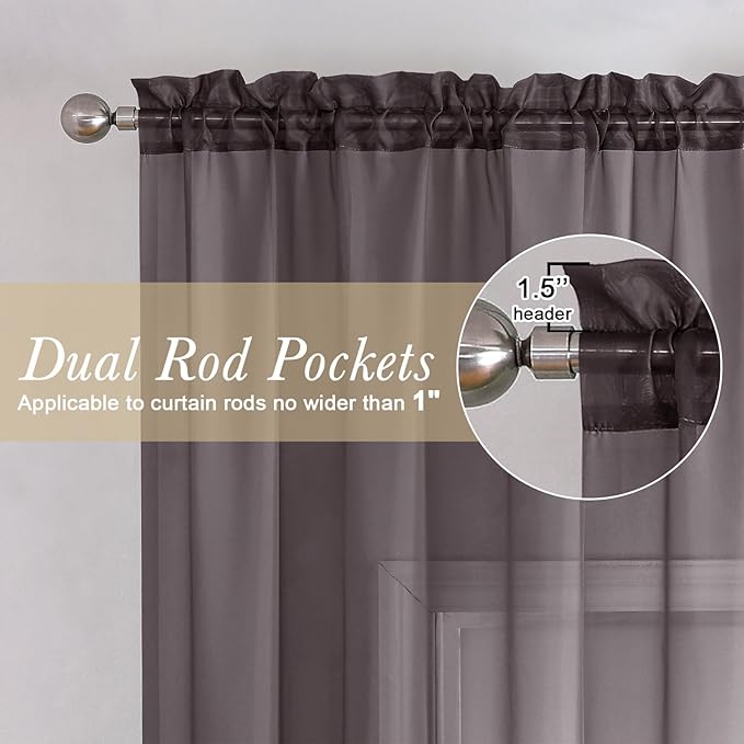 Lecloud Chocolate Sheer Curtains 36 Inch Length 2 Panels, Solid Voile Small Window Kitchen Curtains, Dual Rod Pocket Airy Gauzy Tiers for Bedroom, Each Panel 42 X 36 Inch