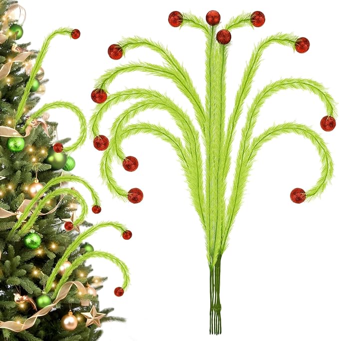 27" Elf Christmas Tree Topper - 6Pcs Lime Green Fluffy Curly Christmas Tree Picks Decorations Filler Ornaments with Glitter Red Balls, for Home Wreath Vase Holiday Party