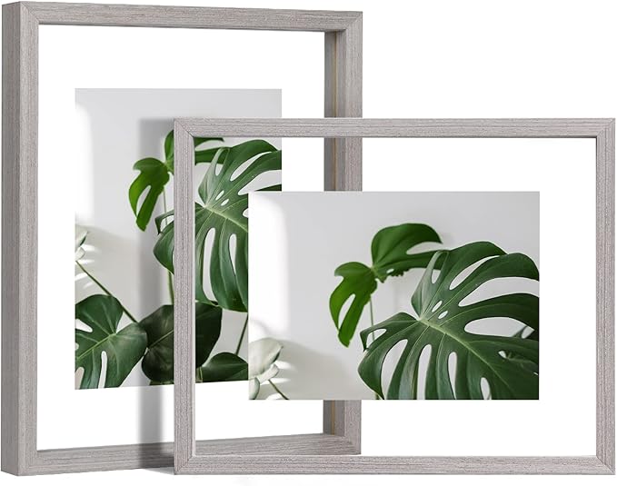Egofine 8x10 Floating Frames Set of 2, Double Plexiglass Picture Frame, Made of Solid Wood Display Any Size Photo up to 8x10, Wall Mount or Tabletop Standing, Light Grey