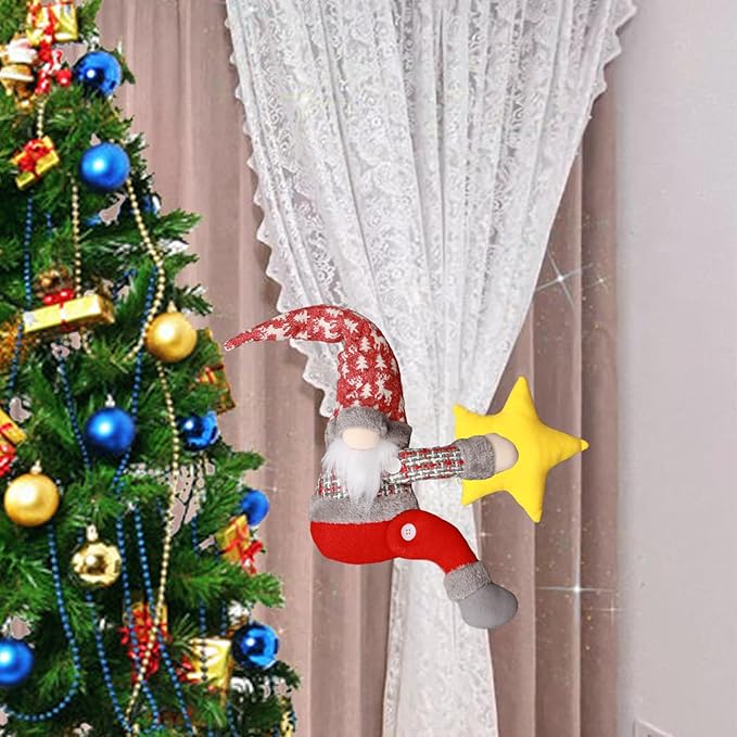 Christmas Tree Topper Gnome Decorations with Lights,21.7 Inches Handmade Embrace Christmas Tree Gnome with Lighted Star，Christmas Home Decor Curtain Tie Wine Bottle Decoration (Red Hat)