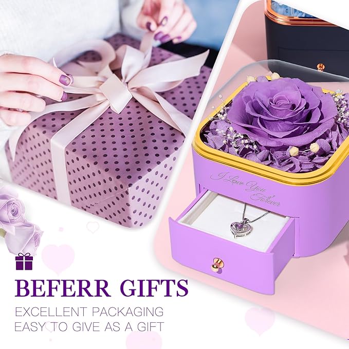 Beferr Birthday Gifts for Women Preserved Real Rose with Necklace Eternal Roses Forever Flowers for Delivery Prime Christmas Day Gifts for Mom Grandma Wife Sister Her from Daughter