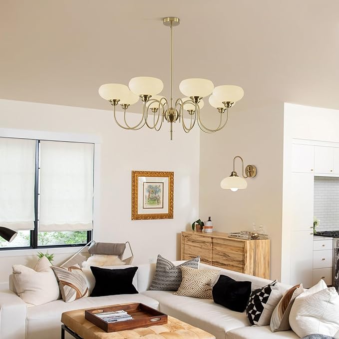 BOKT French Chandelier 8-Lights Large Dining Room Gold Chandelier with Milk White Bowl Glass Lampshade Modern Living Room Adjustable Rod Semi Flush Ceiling Sputnik Chandelier Light Fixtures
