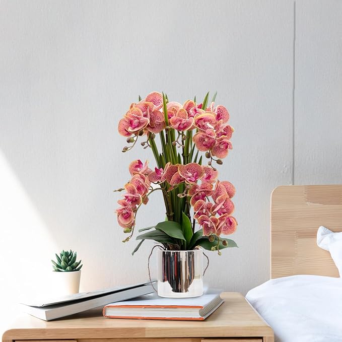 CXGS Artificial Orchid Flower Plants Real Touch Faux Orchids in Ceramic Vase 20.9'' Purple Dapple Phalaenopsis Orchid Fake Flower Arrangement Home Indoor Decor